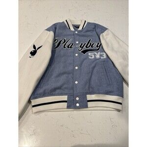 Playboy by PACSUN 503 Embroidered Varsity Bomber Jacket Size S Blue Lined